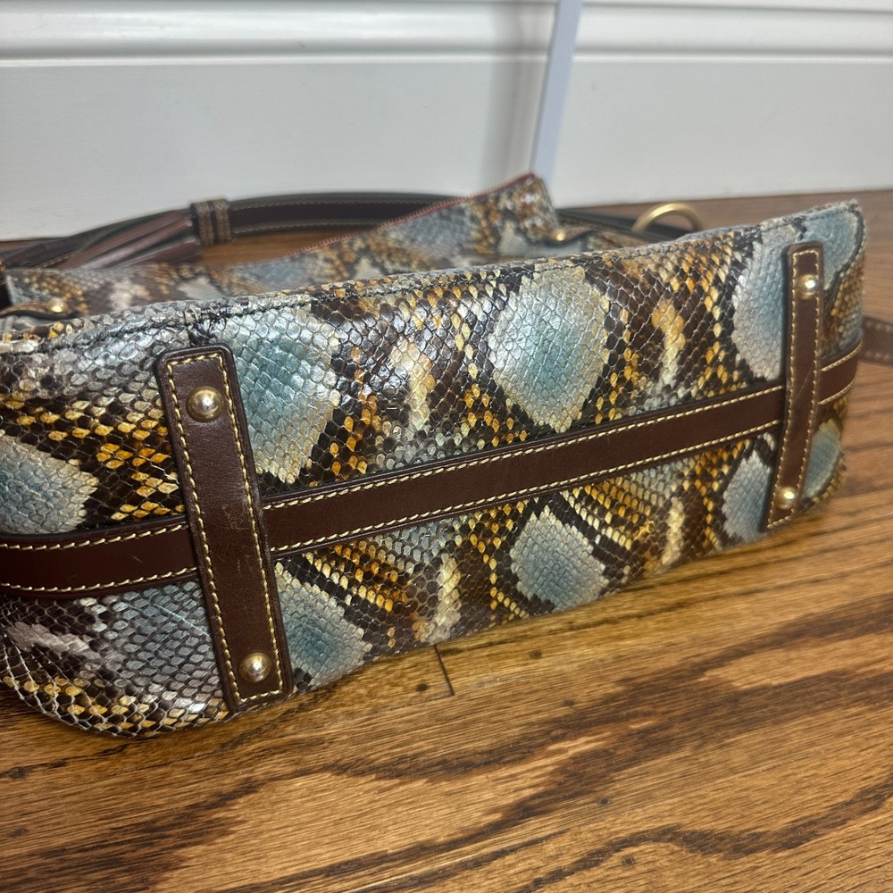 Dooney & Bourke Python Leather Shoulder Brown Blue Snakeskin Bag Red Lining - Picture 4 of 12